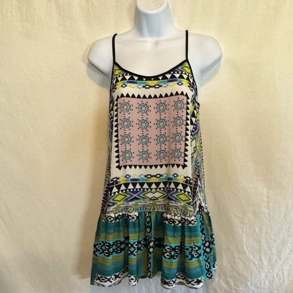 E-149 Aqua Colorful Sleeveless‎ Ruffle Bottom Summer Mini Dress Size XS